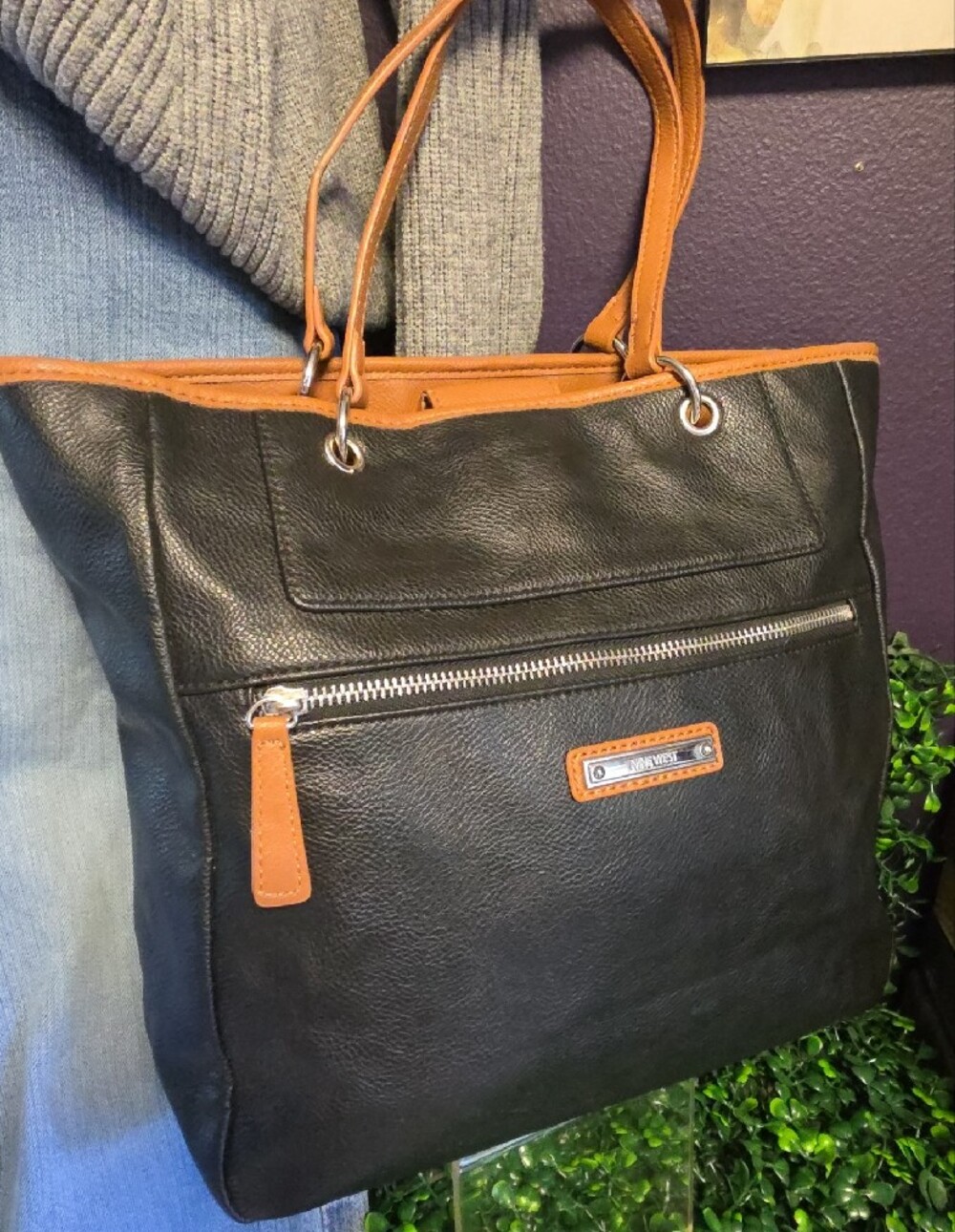 Nine West Black Tote with Tan Trim and Silver Hardware